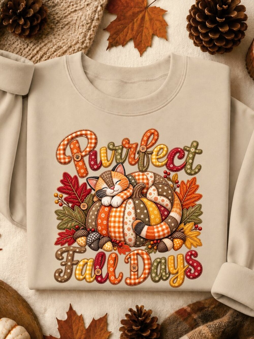 Purrfect Fall Days Sweatshirt Adult Unisex Graphic Crewneck Applique Cat Autumn
